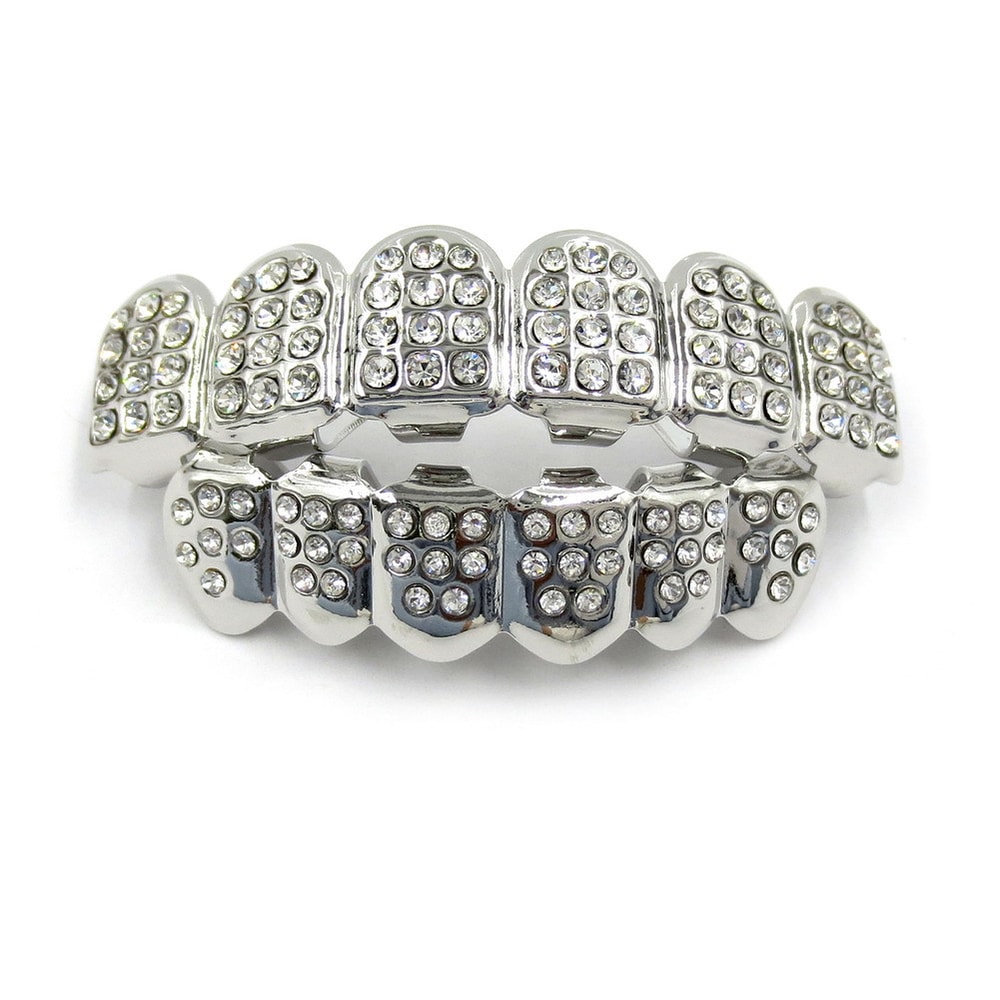 Iced Out CZ Stones Teeth Grillz Fashion Hip Hop Gold Silver Color Top Bottom Braces For Jewelry Gif 2