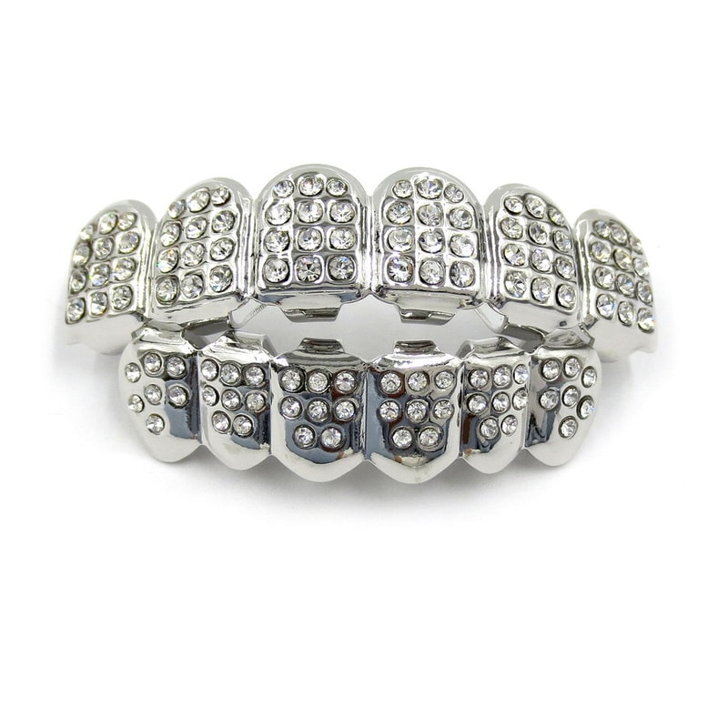 Iced Out CZ Stones Teeth Grillz Fashion Hip Hop Gold Silver Color Top Bottom Braces For Jewelry Gif 2