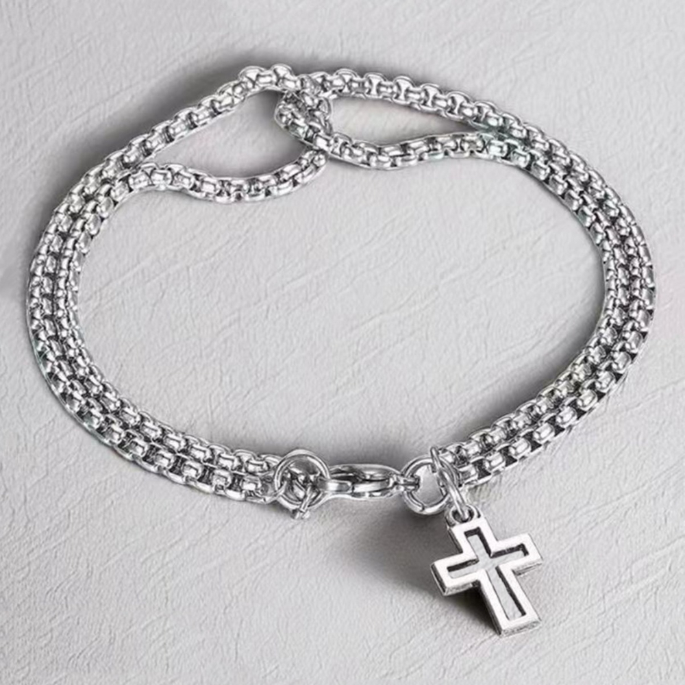 Punk Cross Hollow Wrist Bracelet Double Chain Stainless Steel Retro Jewelry For Men Women Lobster C 3