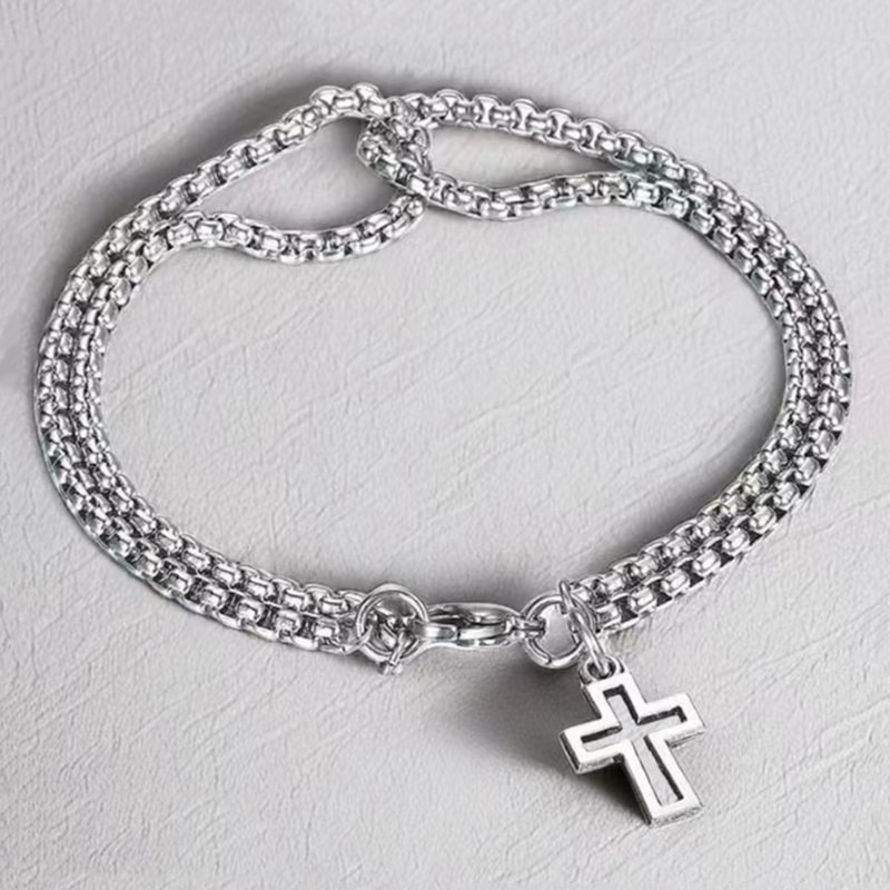 Punk Cross Hollow Wrist Bracelet Double Chain Stainless Steel Retro Jewelry For Men Women Lobster C 3