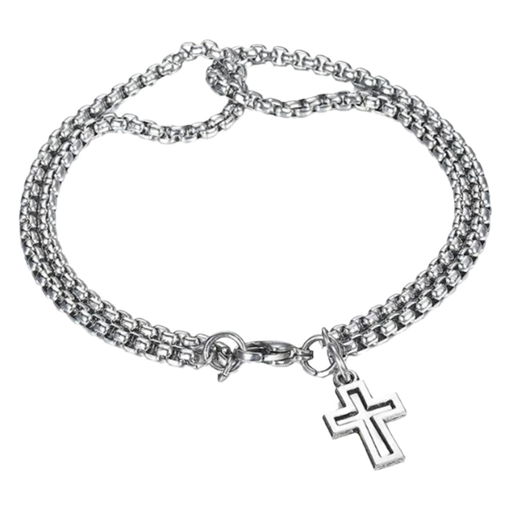 Punk Cross Hollow Wrist Bracelet Double Chain Stainless Steel Retro Jewelry For Men Women Lobster C 0