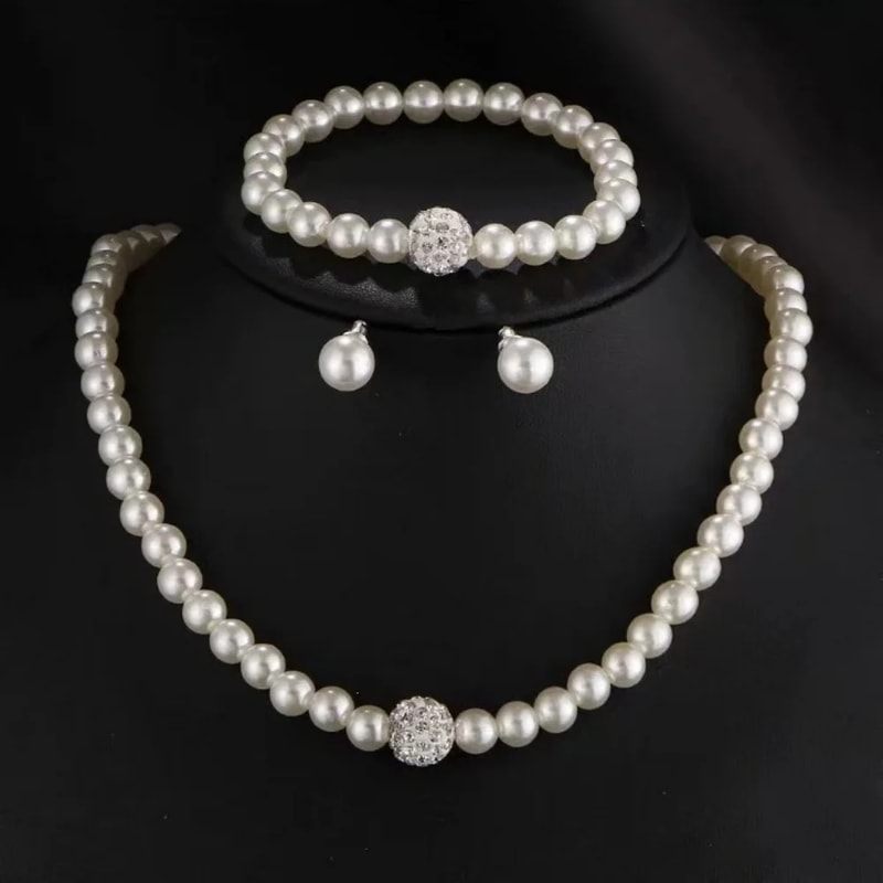 Elegant Imitation Pearl Fireball Necklace Bracelet Earrings Set Silver Color Crystal Stone Bridal J 0