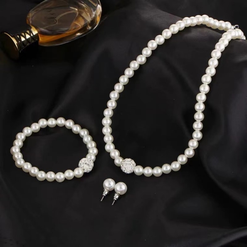Elegant Imitation Pearl Fireball Necklace Bracelet Earrings Set Silver Color Crystal Stone Bridal J 1