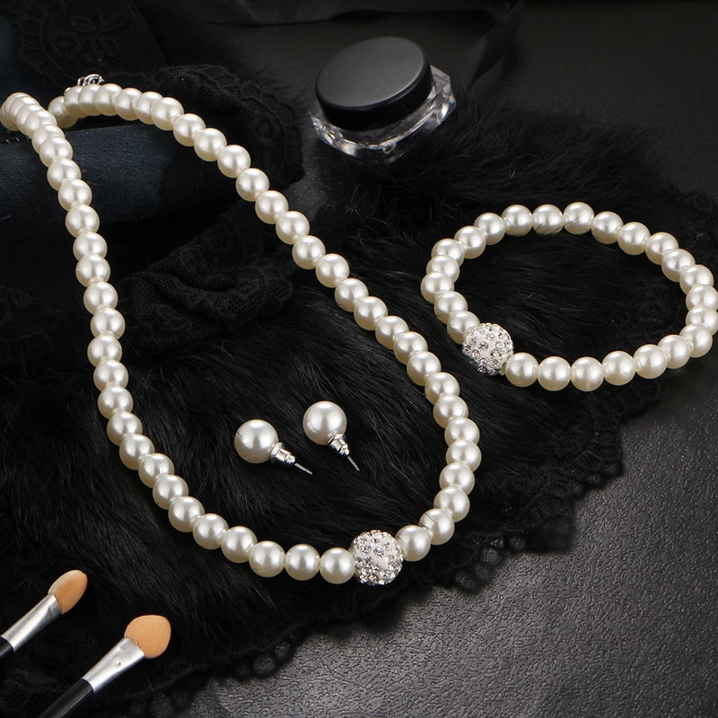 Elegant Imitation Pearl Fireball Necklace Bracelet Earrings Set Silver Color Crystal Stone Bridal J 2