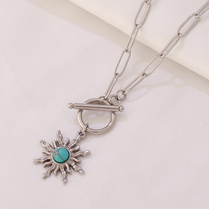 Gold Color Stainless Steel Sun Pendant Necklace For Women Turquoise Charms Clavicle Chain Necklaces 1