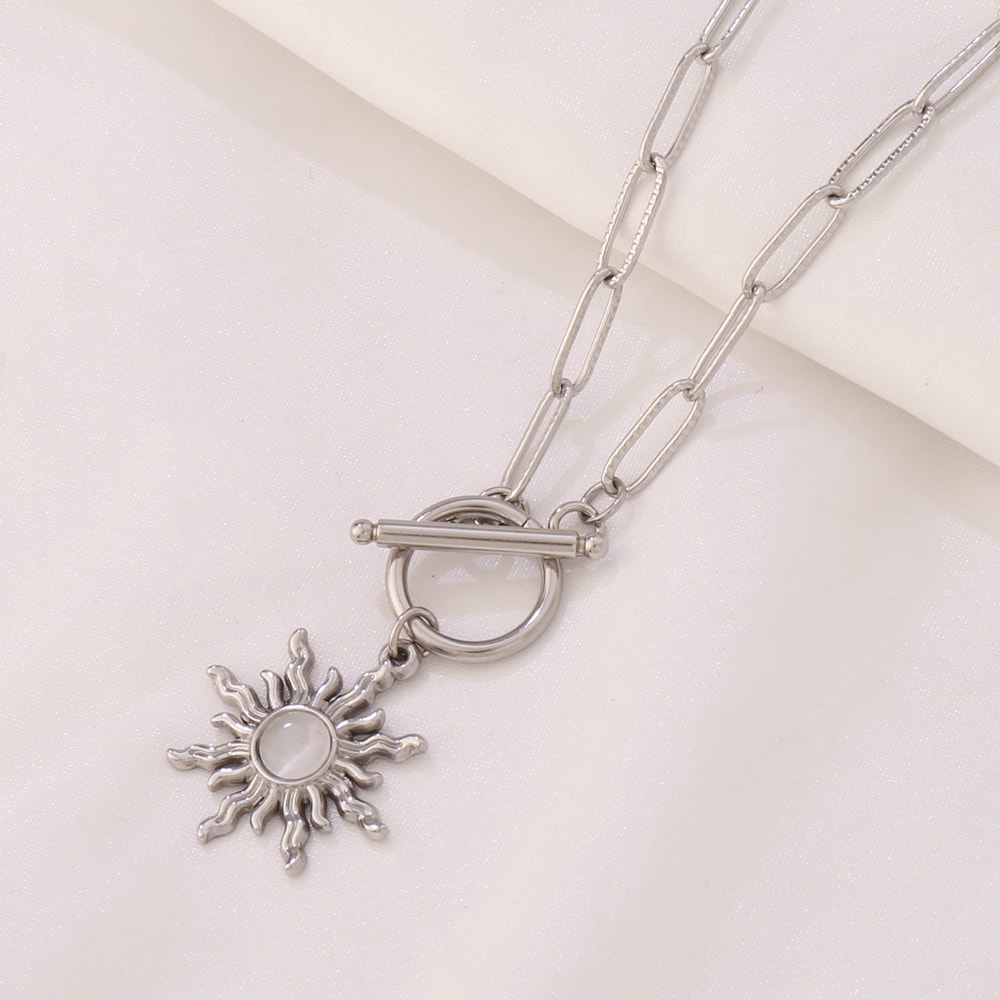 Gold Color Stainless Steel Sun Pendant Necklace For Women Turquoise Charms Clavicle Chain Necklaces 3
