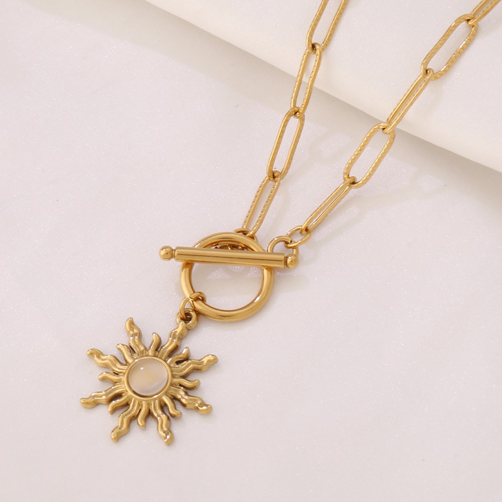Gold Color Stainless Steel Sun Pendant Necklace For Women Turquoise Charms Clavicle Chain Necklaces 4