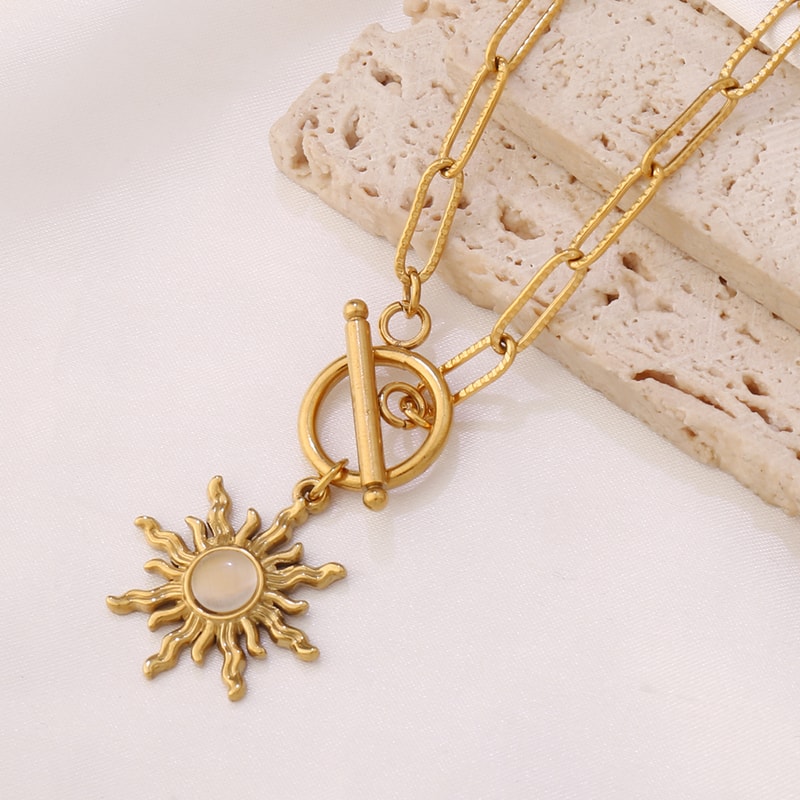 Gold Color Stainless Steel Sun Pendant Necklace For Women Turquoise Charms Clavicle Chain Necklaces 7