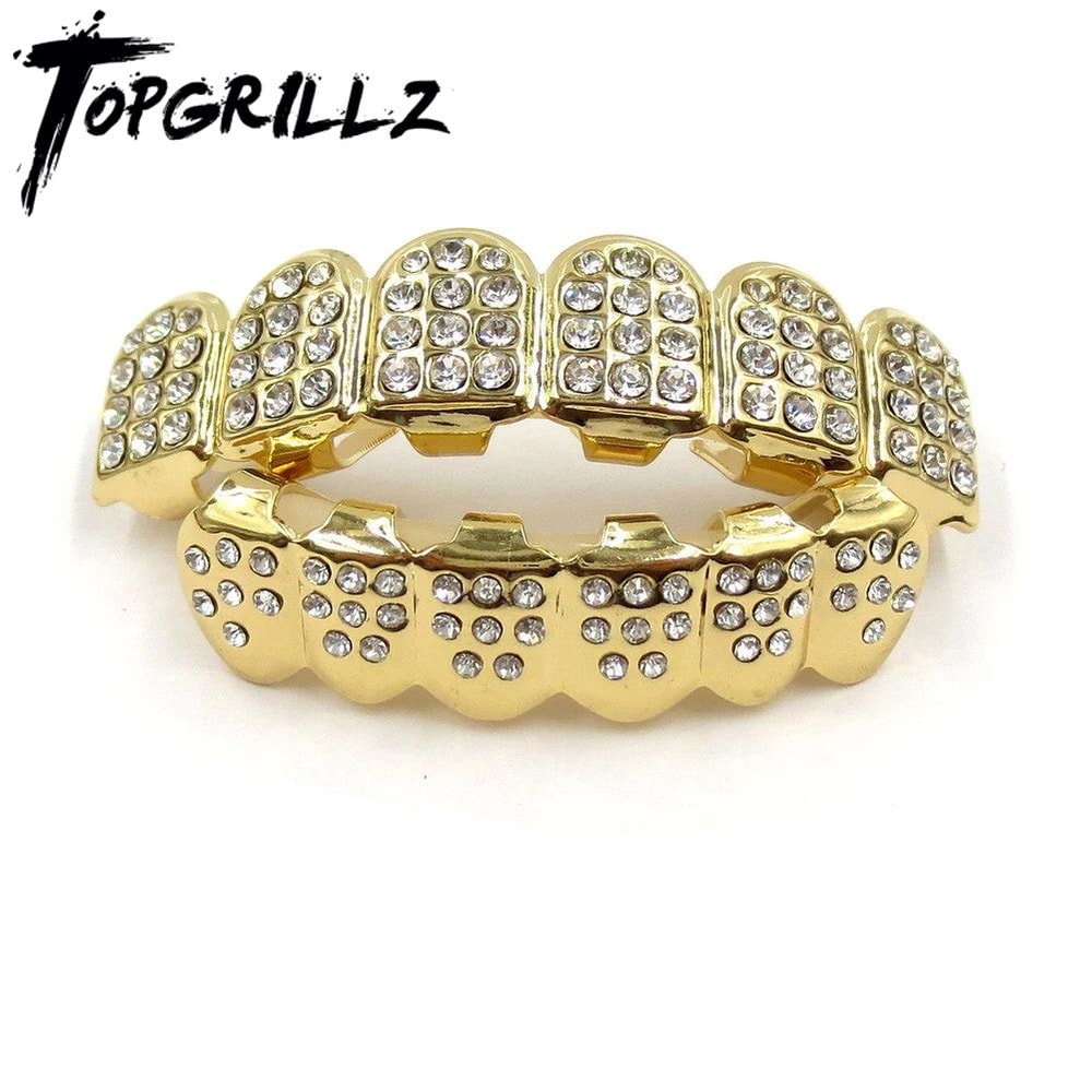 Iced Out CZ Stones Teeth Grillz Fashion Hip Hop Gold Silver Color Top Bottom Braces For Jewelry Gif 1