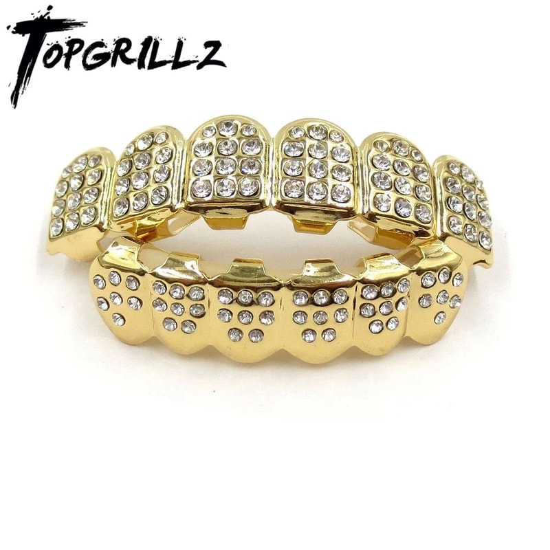 Iced Out CZ Stones Teeth Grillz Fashion Hip Hop Gold Silver Color Top Bottom Braces For Jewelry Gif 1