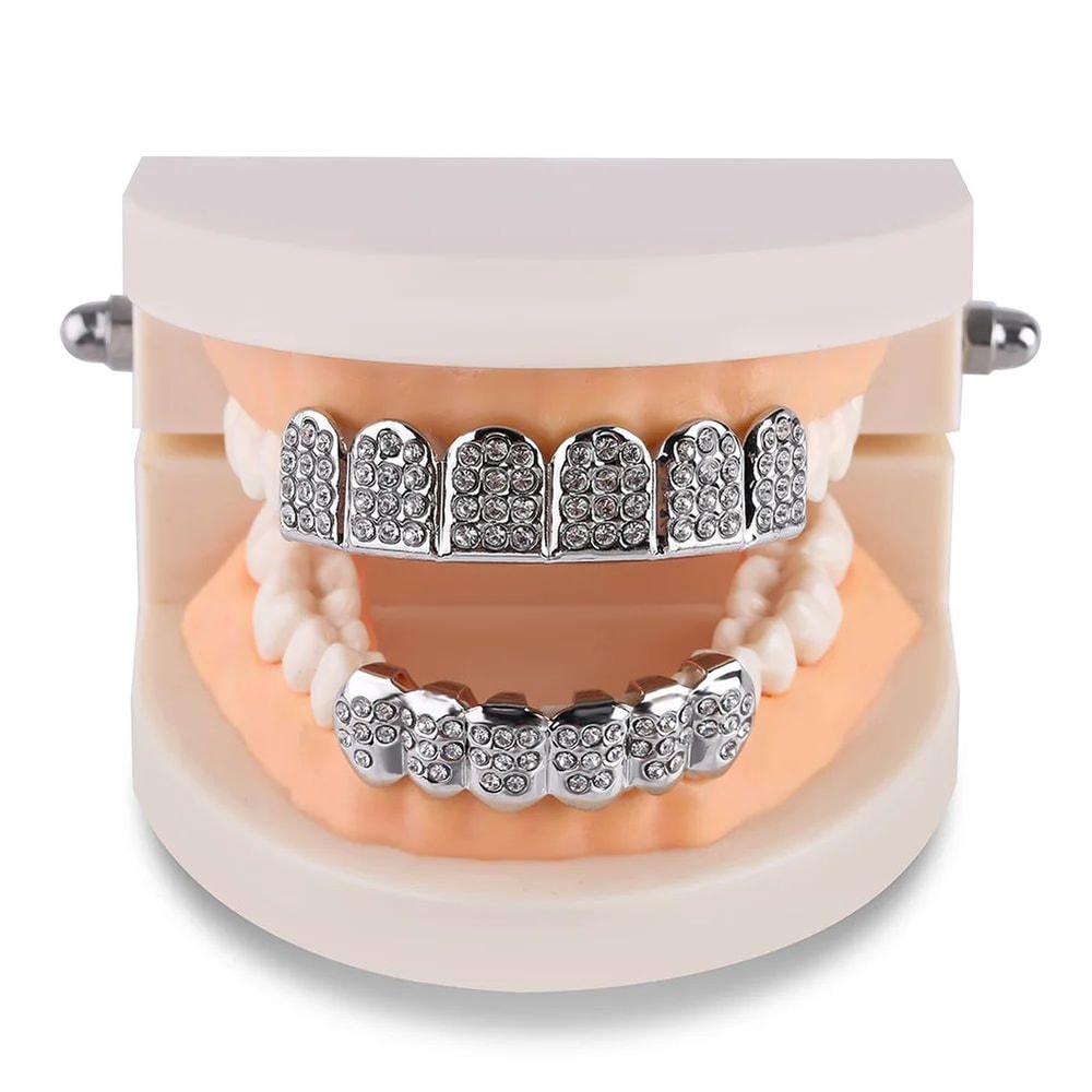 Iced Out CZ Stones Teeth Grillz Fashion Hip Hop Gold Silver Color Top Bottom Braces For Jewelry Gif 2