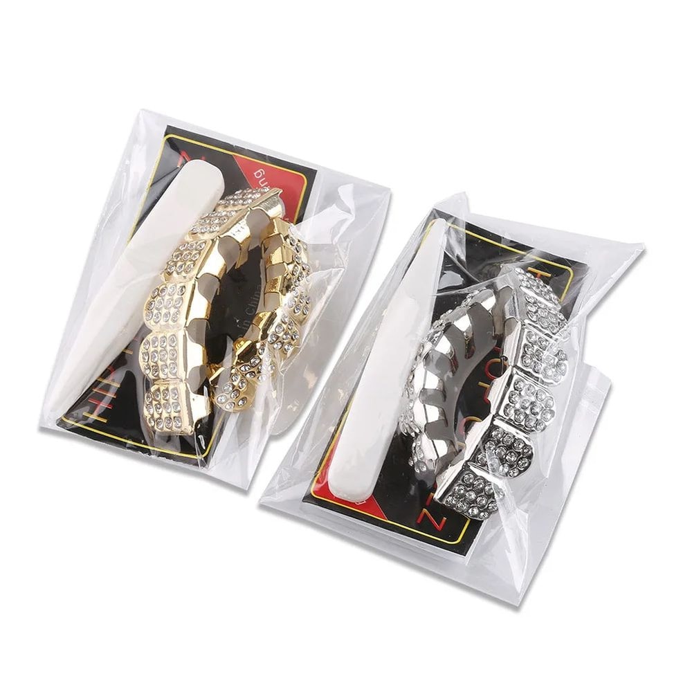 Iced Out CZ Stones Teeth Grillz Fashion Hip Hop Gold Silver Color Top Bottom Braces For Jewelry Gif 5