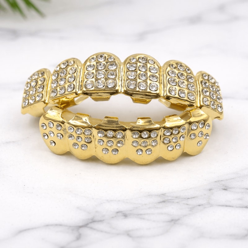 Iced Out CZ Stones Teeth Grillz Fashion Hip Hop Gold Silver Color Top Bottom Braces For Jewelry Gif 0