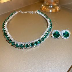 fyuan luxury green crystal necklace and earrings set - elegant bridal jewelry for women's weddings