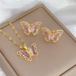 european and american style: elegant micro-inlaid butterfly jewelry set in transparent stainless steel