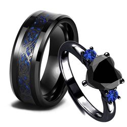 Stainless Steel Celtic Dragon Couple Rings Set with Black Zircon Heart for Men and Women - Valentine's Day Wedding Jewel