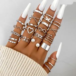 2024 Trendy Jewelry: Silver Hollow Heart & Butterfly Rings Set for Women - 22pcs Geometric Spiral Shape Collection