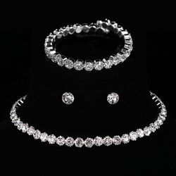 Elegant Silver Crystal Jewelry Set for Women: Bracelet, Stud Earrings, and Zircon Chain Necklace for Wedding & Parties