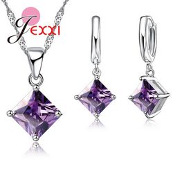925 Sterling Silver Wedding Jewelry Set: Beautiful Square Crystal Pendant Necklace & Earrings in 8 Colors