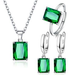 Rectangle Geometry Zircon Jewelry Sets: 925 Sterling Silver Ring, Earrings, Necklace for Elegant Women's Wedding, Free S