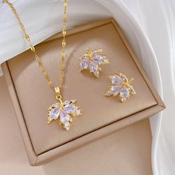White Maple Leaf Jewelry Set: Fashionable Micro-inlaid Necklace & Earrings for Classic Party Style