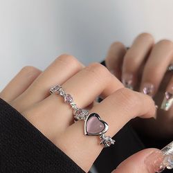 2023 Vintage Pink Crystal Heart Ring with Zircon & Opal - Y2K Shiny Open Love Ring for Women's Party Jewelry Gift