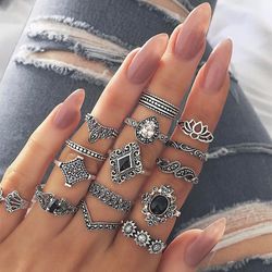 15-Piece Lotus Flower Black Rhinestone Rings Set - Gothic Aesthetic Vintage Antique Silver Jewelry for Women and Men