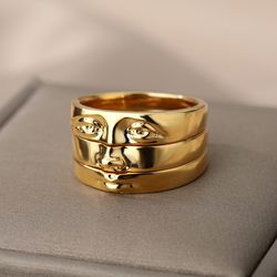 Stainless Steel Gold Eye Rings 2024: Luxury Vintage Face Ring Sets for Women and Men - Y2K Aesthetic Jewelry