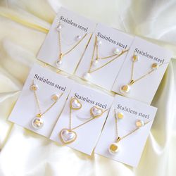 Wholesale Korean Stainless Steel Jewelry Set with Pearl & Cubic Zirconia for Women's Wedding