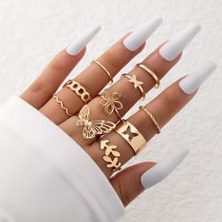 10-piece flower, butterfly, and geometric ring set - elegant wedding & party jewelry for women