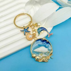 1PC Blue Dolphin Shell Starfish Alloy Enamel Inlaid Faux Pearl Charms Keychain For Women Key Ring Ornament