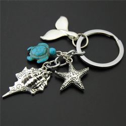 Blue Turtle Beads Starfish Conch Fish Tail Keychain Diy Handmade Ocean Beach Jewelry