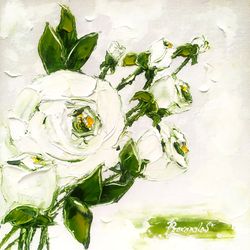white roses painting original art rose impasto still life painting flowers wall art rose oil painting original 10 by 10"