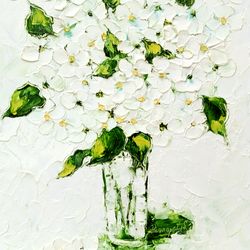 abstract floral painting white hydrangea in vase original art oil painting palette knife green flower painting 14x11 inc