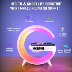 smart wireless bt speakers with wireless fast charging, rgb light, sunrise alarm clock & wake up light - perfect for bed