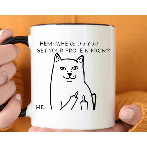 Funny Cat Coffee Mug Gift, Mug Vegetarian Gift, Gift for Vegetarian, Vegan Gift, Gift for Her, Gift for Him, Middle Fingers Up.jpg