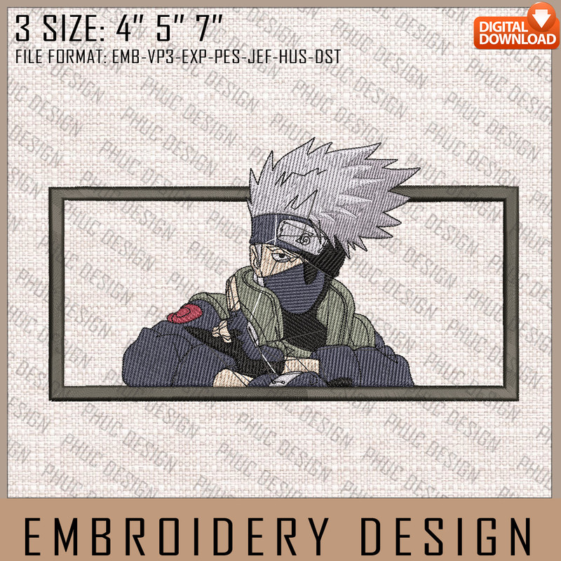 Kakashi Embroidery Files, Naruto, Anime Inspired Embroidery Design, Machine Embroidery Design.jpg