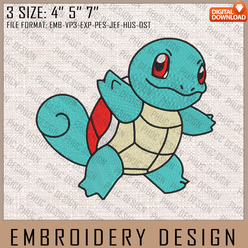 Squirtle Embroidery Files, Pokemon, Anime Inspired Embroidery Design, Machine Embroidery Design.jpg