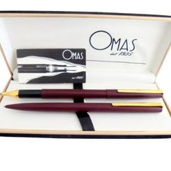 omas 80 pens set ball point pen and roller pen in steel red bordeaux color in gift box with garantee
