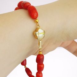 red coral beaded bracelet original in gift pouch made in italy with gold color spacers and flower closure gift for her h