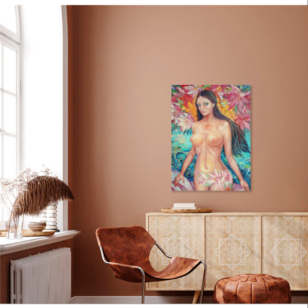 The painting The magical serenity of a woman hangs above an authentic antique chest of drawers in the interior.png