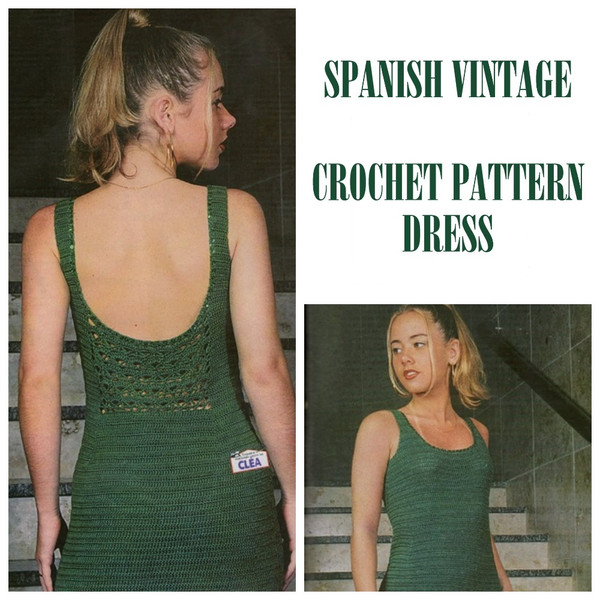Digital  Vintage Crochet Pattern Dress Verde Escuro  Summer Dress, Evening Dress, Beach Dress  Spanish PDF Template.jpg