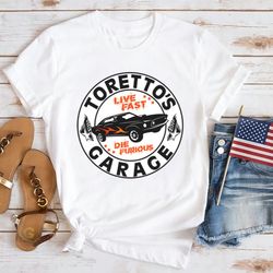 graphic torettos garage shirt, fast and furious muscle car tee top, fast and furious movie fan shirt