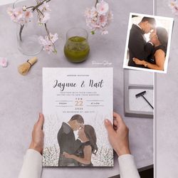 couple portrait for wedding invitation, custom watercolor illustration, unique design for wedding day.