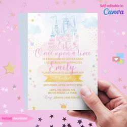 Watercolor Princess birthday party invitation, personalized birthday invite for girl. Canva Template