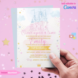 watercolor princess birthday party invitation, personalized birthday invite for girl. canva template