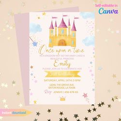 Princess birthday party invitation, personalized birthday invite Canva template, princess castle invitation for girl