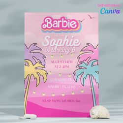 adorable barbie birthday invitation, malibu pink girl invite card self editable in canva. instant download.