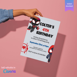 Black spidey birthday invitation template for boys, Self editable in Canva birthday card for kids birthday.
