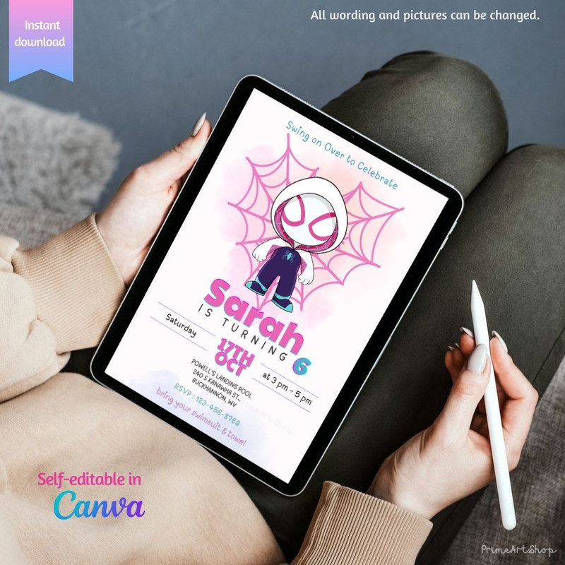 Adorable pink spider ghost birthday invitation.jpeg